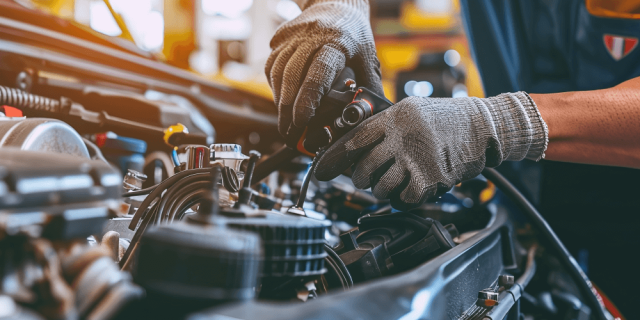 Primer plano de mecánico revisando el motor